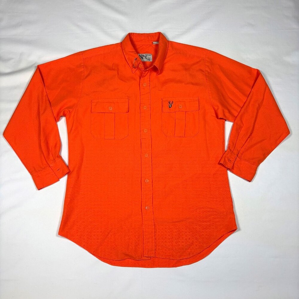 VTG Duck Bay Hunting Blaze Orange Embroidered Deer L/S Button Shirt Mens M Tall